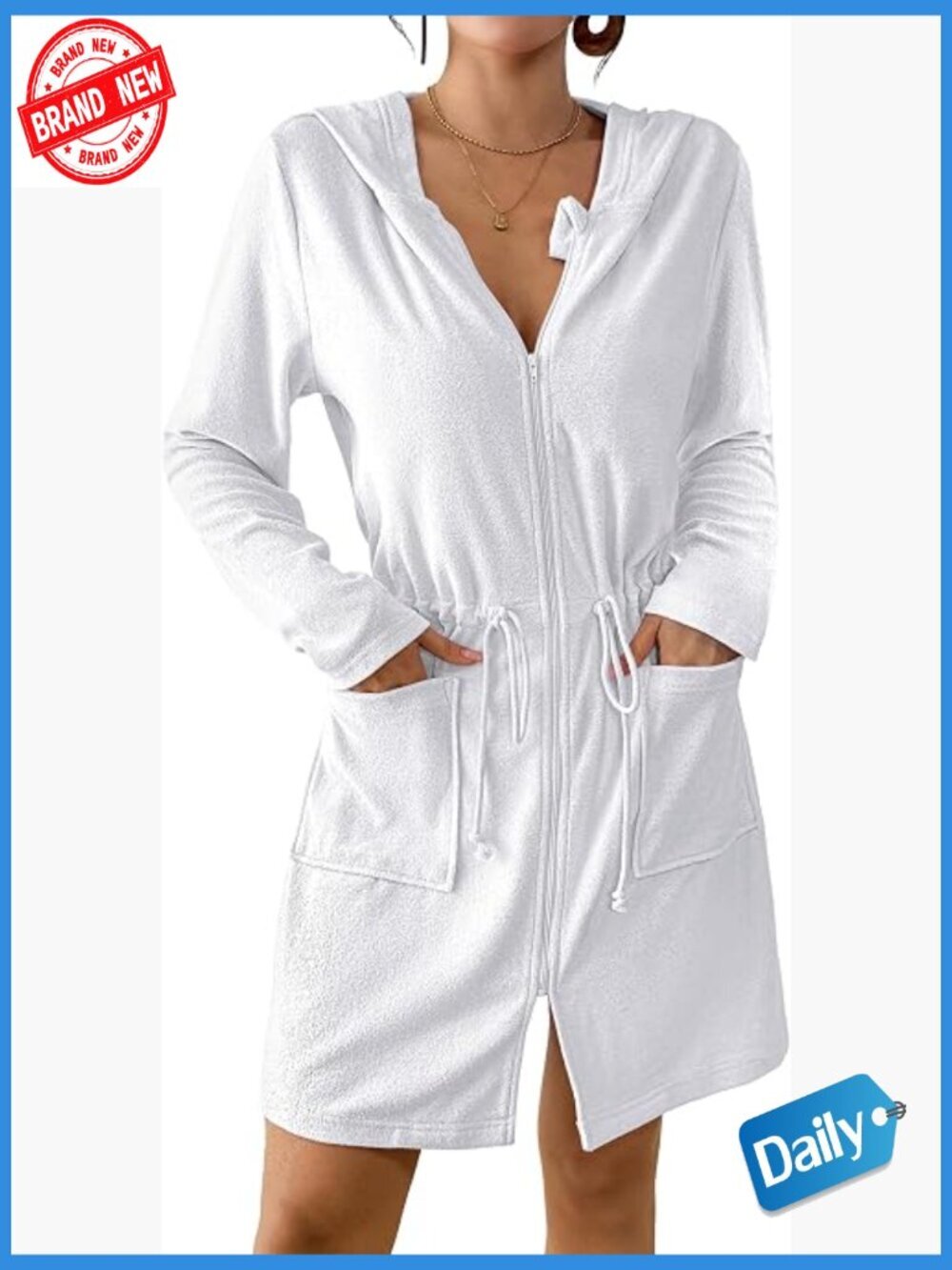 Terry Cloth Zip Up Hooded Swimsuit Cover Up with Pockets